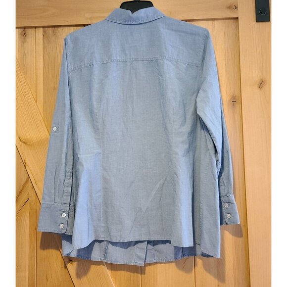 Talbots Top Women Sz 14 Blue Chambray Button Shirt Ruffle Front Roll Tab Sleeve - Picture 2 of 12
